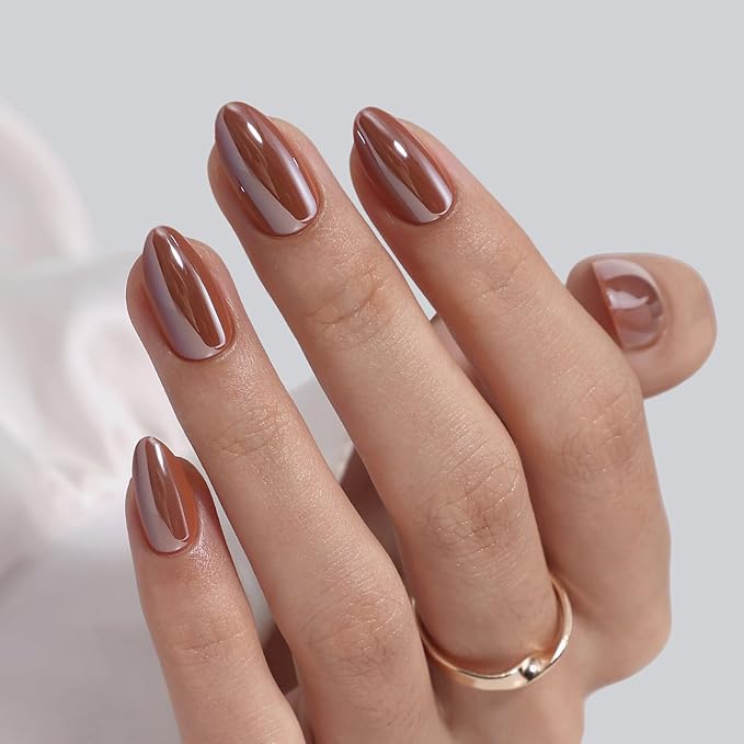 Brown Press on Nails Short - Soft Gel Almond Chrome Press on Nails for Women, Glossy Glue on Nails with Glue, 16 Sizes - 32 Reusable Fake Nails Kit, Molten Mocha