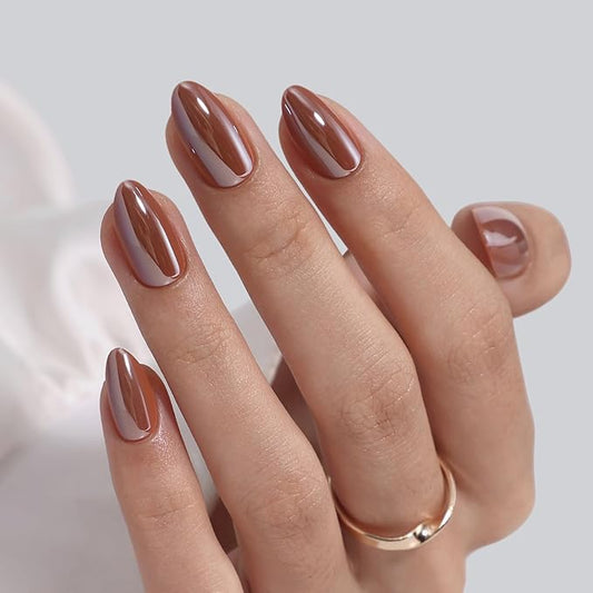 Brown Press on Nails Short - Soft Gel Almond Chrome Press on Nails for Women, Glossy Glue on Nails with Glue, 16 Sizes - 32 Reusable Fake Nails Kit, Molten Mocha