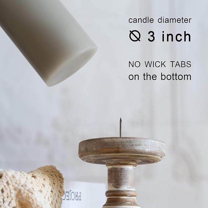 MOZEAL 3" x 8" Hand-Poured Unscented Candles,Large Gray Pillar Candles Set of 2,No Drip,Approx 120 Hours Long Burning,Wedding,Dinner,Christmas and Home Decor（3 Inch Diameter 8 Inch Height）