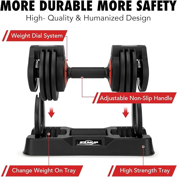 25/55 lbs Pair Adjustable Dumbbells Set, Adjustable Weights Dumbbells Set for Men and Women with Anti-Slip Fast Adjust Weight by Turning Handle,Black Dumbbell with Tray