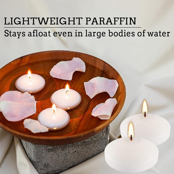 10 Hour Floating Candles, 3'' White Unscented Dripless Wax Discs, for Cylinder Vases, Centerpieces at Wedding, Party, Pool, Holiday (24 Set)