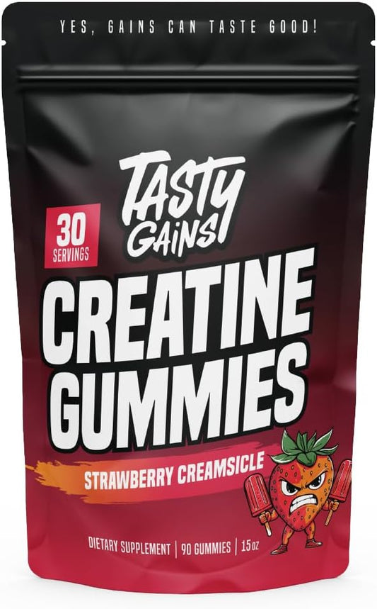 TASTY GAINS Creatine Gummies - 90g of Creatine Monohydrate - Workout Supplements - Build Muscle & Boost Strength for Men & Women - Made in USA - Non GMO - (Large, Strawberry Creamsicle Flavor)