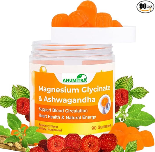 ANUMITRA Magnesium Glycinate 400mg and Ashwagandha Gummies for Men & Women-90 Count- Sugar Free Chews for Stress Relief gumies, Night Rest Promotes Relaxation & Well-Being Raspberry Flavor