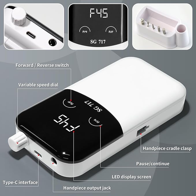 LIMEGIRL Professional Electric Nail File Drill Bits Kit 45000RPM for Acrylic Toenail Machine Clippers with 14 Drill Bit White Portable Rechargeable Cordless