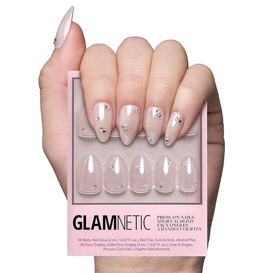 Glamnetic Press On Nails - First Dance | Nude Short Almond Fake Nails with Glossy Glazed Finish, Salon Quality | 15 Sizes - 30 Nail Kit with Glue