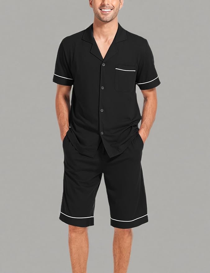 COLORFULLEAF Men's 100% Cotton Short Sleeve Pajama Sets Button Down Notched Collar Sleepwear Soft Lounge Pjs with Pockets