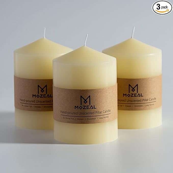 MOZEAL 3" x 4" Hand-Poured Unscented Ivory Pillar Candles,Dripless Candles Set of 3,Smokeless,Clean Burning,Approx 60 Hours Burn Time,Wedding,Dinner,Christmas and Home Decor（3 Inch Width Series）
