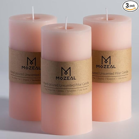 MOZEAL 3" x 6" Hand-Poured Unscented Candle, Dripless Pillar Candle Set of 3, Long Lasting Burning, Approx 120 Hours Burn Time, Rustic Country Style, for Bridal Showers, Soft Elegance, Pearl Blush