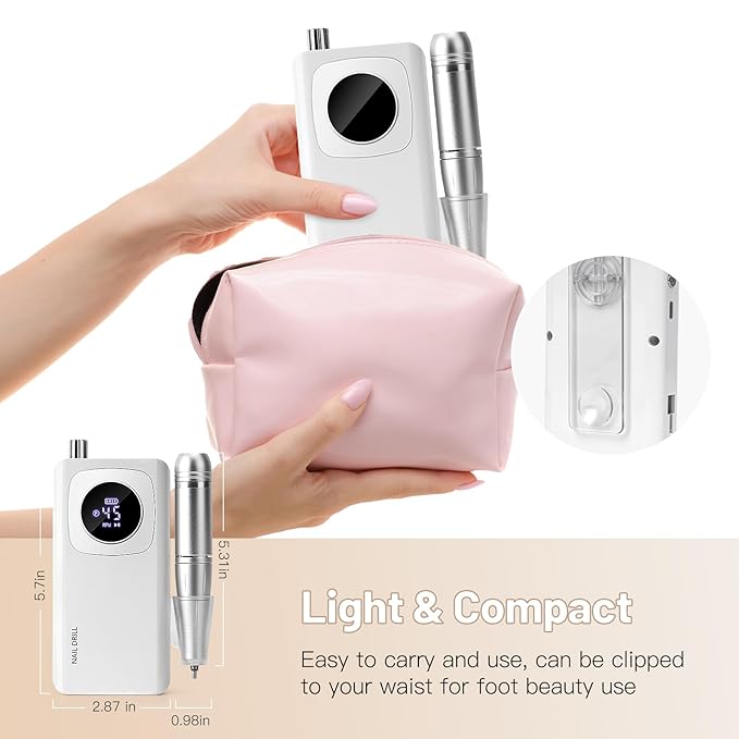 Rechargeable Electric Nail File Professional: Madenia 45000RPM Portable Efile Nail Drill Kit, Cordless E File Nail Drill Machine for Acrylic Gel Nails Salon Home Manicure Use, White