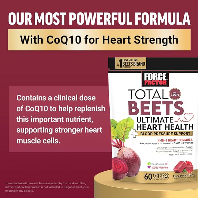 Force Factor Total Beets Blood Pressure Support Supplement with Beets Powder, Great-Tasting Chewables for Heart-Healthy Energy, and Increased Nitric Oxide, 180 Chews, 3-Pack