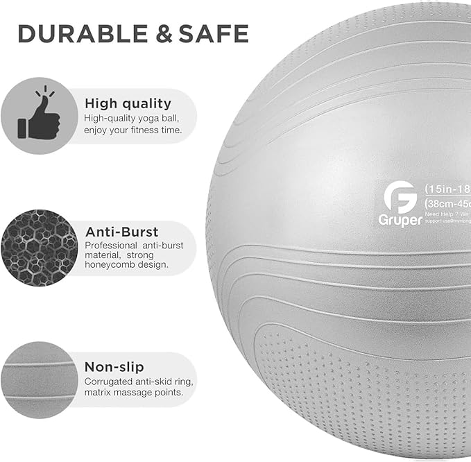 Gruper Yoga Ball, 18-30 Inch Extra Thick Exercise Ball for Workout Fitness Balance, Anti Burst Chair for Home and Office Desk, Includes Hand Pump & Workout Guide Access
