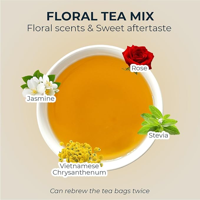 Rose Tea, Re-Steep Chrysanthemum, Jasmine & Stevia Herbal Tea - 55 Count (+5 Tea Bags) Bamboo Tong Included - 4.37 oz, Relax,Support, Up Mood, Appearance Detox