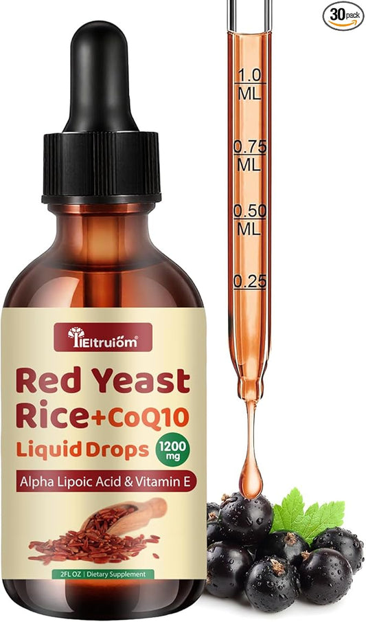 Red Yeast Rice with Coq10 Drops, Organic Red Yeast Rice 1200mg with Alpha Lipoic Acid for Cholesterol Support, CoQ10 100mg for Heart Health Support - 2 oz, Citrinin Free