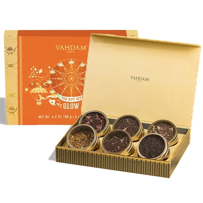 VAHDAM, Glow - Diwali Gifts of Assorted Tea Gift Sets (6 Loose Leaf Tea) Tin Caddy Presentation Box | Gluten Free, Non GMO | Diwali Gifts 2025 for friends and family