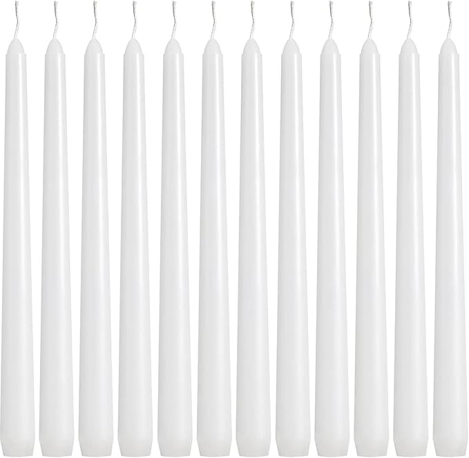 36 Pack White Taper Candles, 7-8 Hours Burn Time, Unscented, Smokeless and Dripless, 0.8 x 10 Inch Dinner Candle Set for Household, Wedding, Party and Home Décor Candlesticks