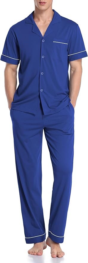 COLORFULLEAF Men's 100% Cotton Pajamas Set Button Down Sleepwear Short Sleeve and Long Pants Pjs