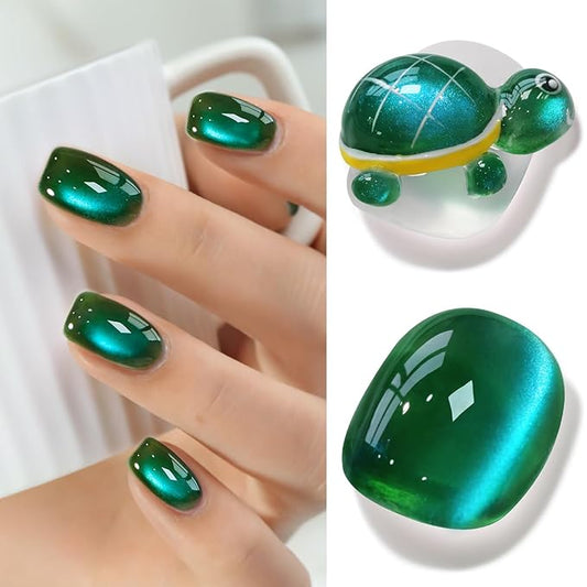 Double Rhythm Jelly Glass Cat Eye Gel Polish with Magnet 15ML Holographic Glitter Shimmer Translucent Sheer Color Magnetic Nail Polish Salon DIY at Home (Dark Green-MC1263)