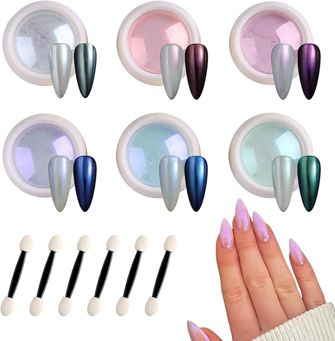 Pearl Chrome Nail Powder 6 Colors Metallic Mirror Effect Mermaid Chrome Powder Iridescent Aurora Nail Pigment Glitter Rubbing Dust for Nail Art Decoration Gel Polish