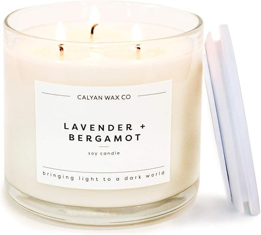 Calyan Wax Co. 3 Wick Candle, Lavender + Bergamot Scented Candle, 43 Hour Burn Time, 3 Wick Soy Candles, Non Toxic & Vegan Soy Wax, Glass Jar Scented Candles, 14.9oz