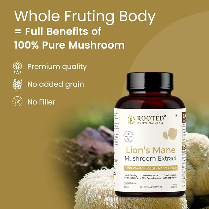 ROOTED Lions Mane Mushroom Extract Capsules (60 Veg Caps, 500 mg) | Memory, Focus, Brain Powder & Nerve Health. USDA Organic, 38% Beta Glucans, Certified Organic