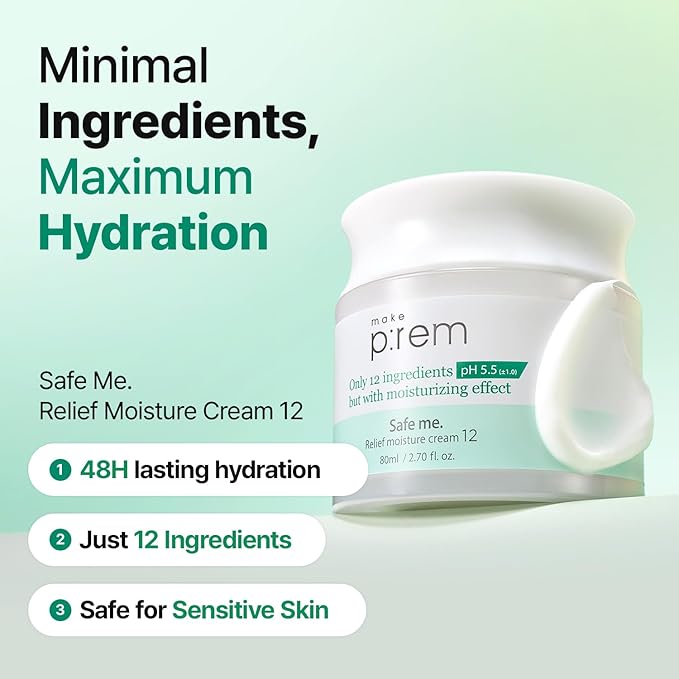 MAKE P:REM Safe Me. Relief Moisture Cream 12, Clinically Proven 48-Hour Hydration, Minimal Ingredients, EWG Green, Korean Skin Care, 2.70 fl. oz., 80ml