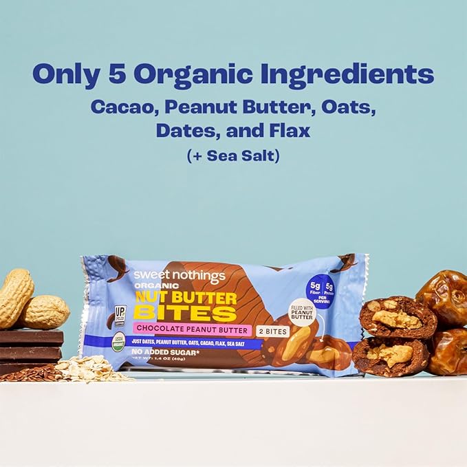 Sweet Nothings, Chocolate, USDA Organic Nut Butter Bites Protein Bar, Nut & Date Snack, Filled with Peanut Butter, 12-2 Bite Value Packs - No Added Sugar, Good Source of Fiber, Only 7 Ingredients