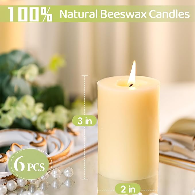 6 Pack Beeswax Pillar Candles,Ivory White Beeswax Candles-180 Hours Long Burning,Unscented Bees Wax Candles for Home,Prayer,Emergency,Dripless Smokeless Organic Pillar Candles 2x3in