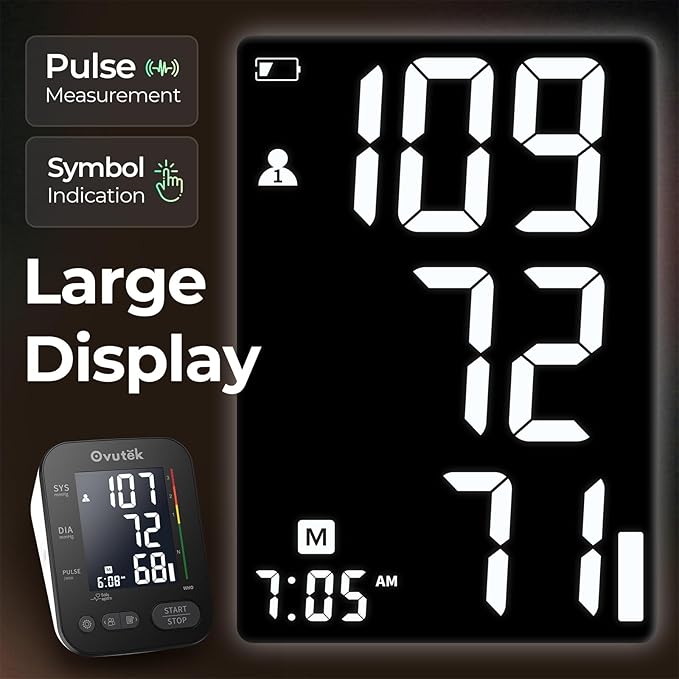 Ovutek Blood Pressure Monitors, Backlit Upper Arm BP Machine with Adjustable Large Cuff, Automatic Digital BP Monitor for Home Use(Black Backlight)