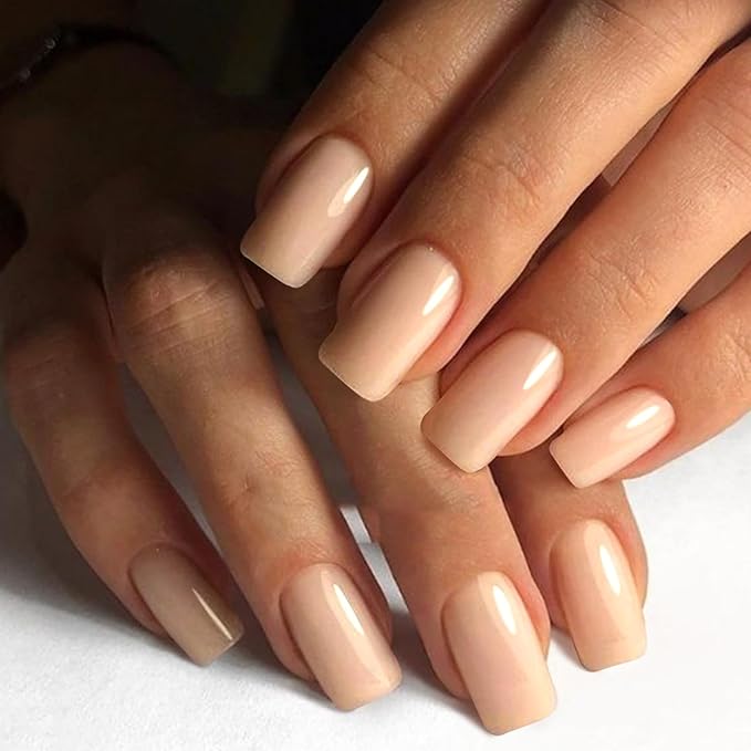 GLAMERMAID Nude Pink Press on Nails Medium Square, Pure White Jelly Soft Gel Nails Square Fake Nails, Glossy Stick Glue on Nails Kit for Women, Reusable Stick on Acrylic Fake Nails Manicure Set