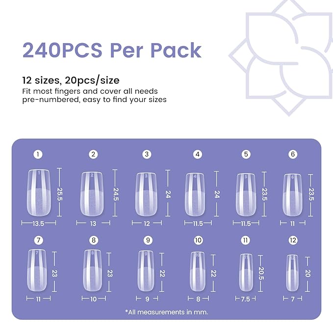 Medium Square Nail Tips: 240PCS Soft Gel Clear Square Pre-Shaped Nails Tips, 12 Sizes Full Cover Fake Press on Nails for Acrylic Nail Tip Home DIY Salon Nails