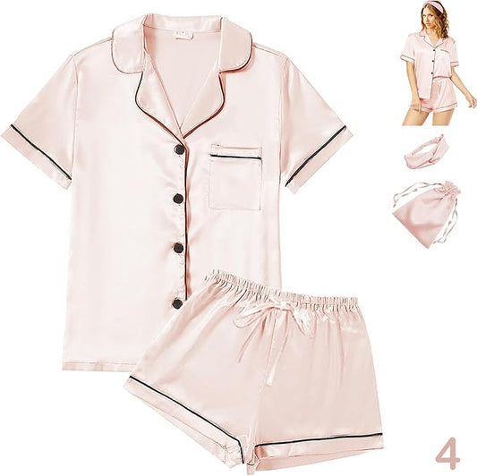 4Pcs Womens Satin Silky Pajama Sets Short Sleeve Shirt XS-4XL Floral Pajamas Set Soft PJ Loungewear Sleepwear
