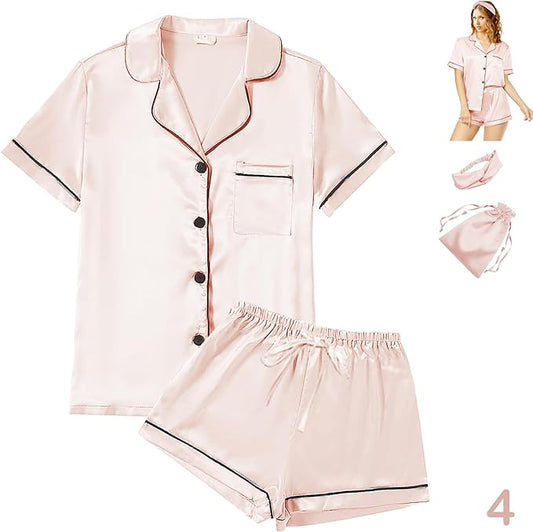 4Pcs Womens Satin Silky Pajama Sets Short Sleeve Shirt XS-4XL Floral Pajamas Set Soft PJ Loungewear Sleepwear