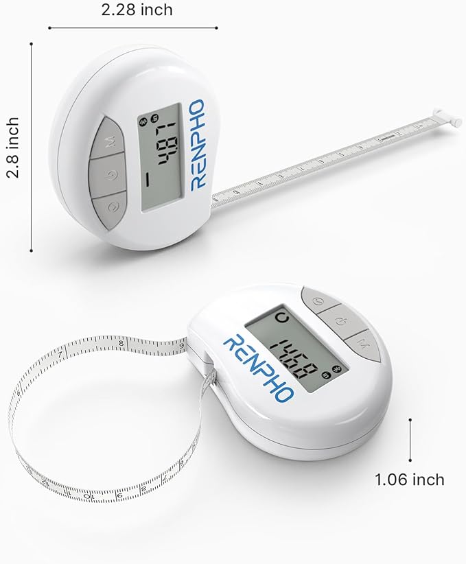 RENPHO Body Measuring Tape, Smart Tape Measure for Weight Loss, Bluetooth Fitness Equipment with App, Measuring Waist, Hip, Bust, Arms, Muscle Gain, Retractable, 60in /150cm, White