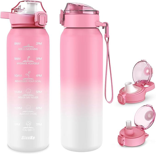 32oz Insulated water bottle with 2 Lids (Straw and Chug Lid), 18/10 Stainless Steel Water Bottle BPA Free, Double Wall Vacuum Wide Mouth Insulated Water Bottle for Men, Women & Kids PINK WHITE