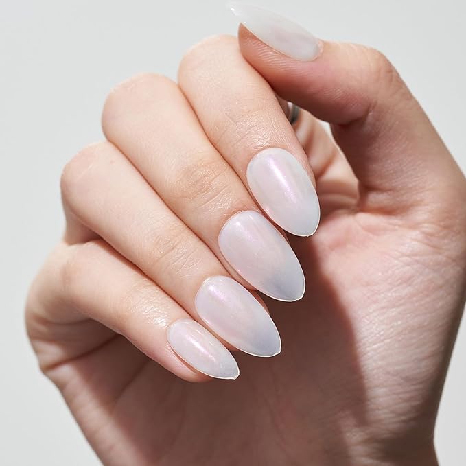 GLAMERMAID Pure White Eyes Press on Nails Short Almond, Chrome Handmade Glossy Gel Fake Nail Kit, Glazed Natural Glitter Magnetic Glue on Nail Stiletto, Medium Oval Stick on False Nail Set for Women