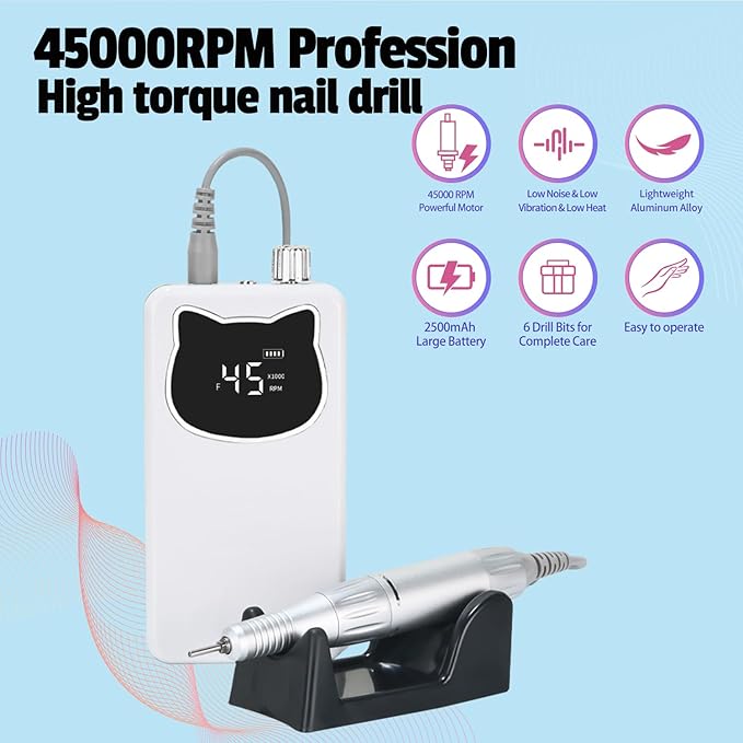 Professional Nail Drill File 45000RPM Electric Portable Nails Drills Kit with Rechargeable 7 uñas Bits Cordless Efile for Poly Gel Acrylic Nails Remover Home Salon Pedicure Manicure Tool (White)