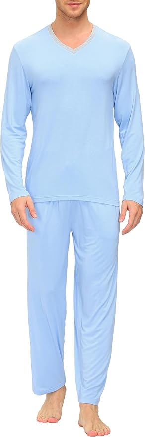 JINSHI Men's Pajama Sets Sleepwear Nightwear Lightweight Quick Dry Soft 2 Piece Long Sleeve Mens Loungewear Sets with Pocket