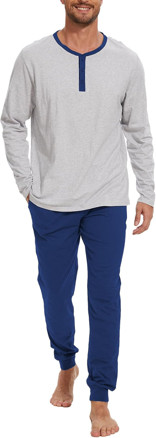 Men's Pajama Set with Henley Neckline 100% Cotton Soft and Comfortable Nightwear 2-Piece Lounge Set