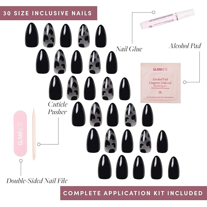 Glamnetic Press On Nails - Love Me Not | Opaque, Semi-transparent, Glossy Black Heart Nails, Salon Quality | 15 Sizes - 30 Nail Kit with Glue