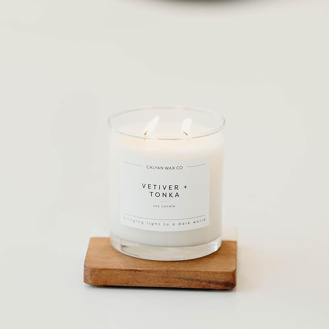 Calyan Wax Co. Vetiver & Tonka 2 Wick Scented Candle - 37 Hour Burn - Luxury Non Toxic Soy Wax Candles - Long Lasting Large Glass Jar Candle for Home - 8.8oz