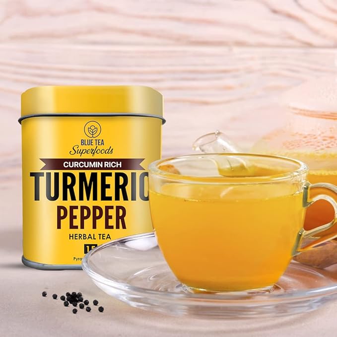 BLUE TEA - Turmeric Tea - Pepper - 15 Count - Pyramid Plant Based Tea Bag | CURCUMIN RICH - HERBAL BLEND | Caffeine Free - Gluten Free - Herbal Tea - Earthy Flavor - Healthy | Tin Pack