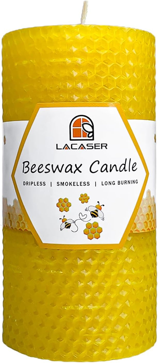Large Beeswax Pillar Candles, Size 3"x6", Natural Bees Wax Candle Sheet Handrolled for Home, Unscented & Smokeless, 40 Hours Burning Time, Yellow
