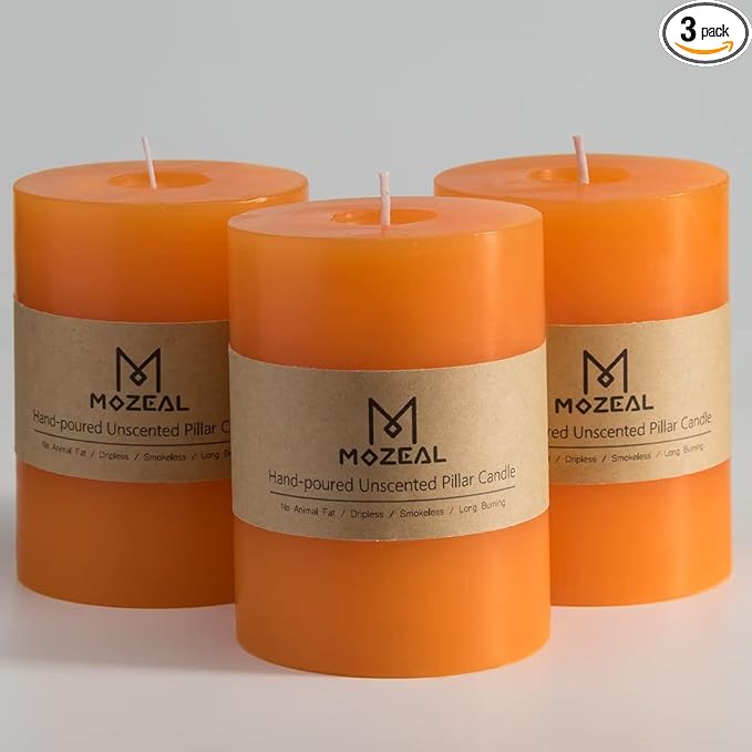 MOZEAL 3" x 4" Hand-Poured Unscented Candle,Dripless Pillar Candle Set of 3,Long Clean Burning,Approx 72 Hours Burn Time,Rustic Country Style,Wedding,Dinner,Christmas and Home Decor,Orange