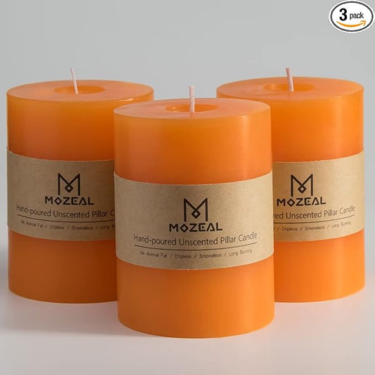 MOZEAL 3" x 4" Hand-Poured Unscented Candle,Dripless Pillar Candle Set of 3,Long Clean Burning,Approx 72 Hours Burn Time,Rustic Country Style,Wedding,Dinner,Christmas and Home Decor,Orange
