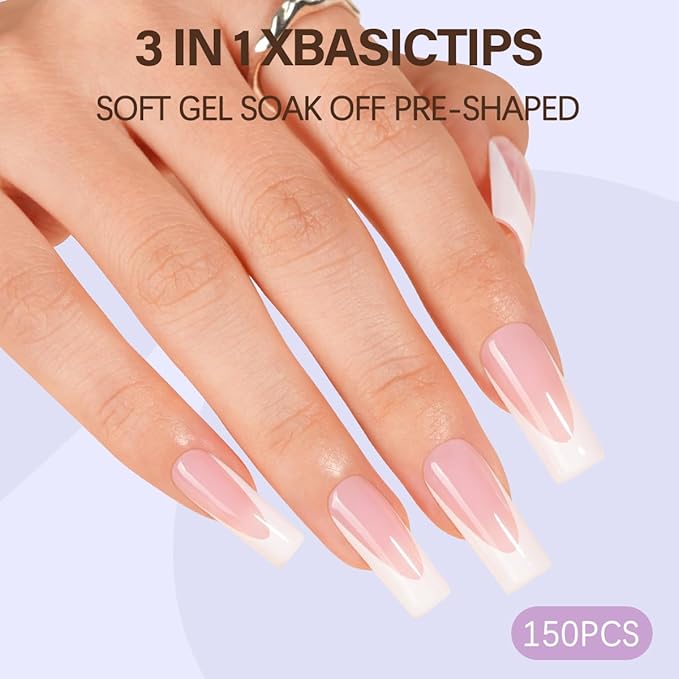 Misssix XBASICTIPS Deep French Tip Press On Nails, 150Pcs French Gel Nail Tips Long Square, Soft Gel Pre-shaped No Need to File 3 in 1 Tips, Fake Nails for Nail Art DIY Extension Designs 15 Sizes