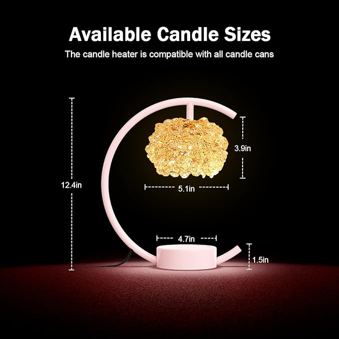 Pink Candle Warmer Lamp for Jar Candles with Adjustable Brightness＆Timer，Handcrafted Crystal＆Wooden Base,Candle Lamp Luxurious Design+2Bulbs,Home Decoration Electric Candle lamp(C-Shaped)