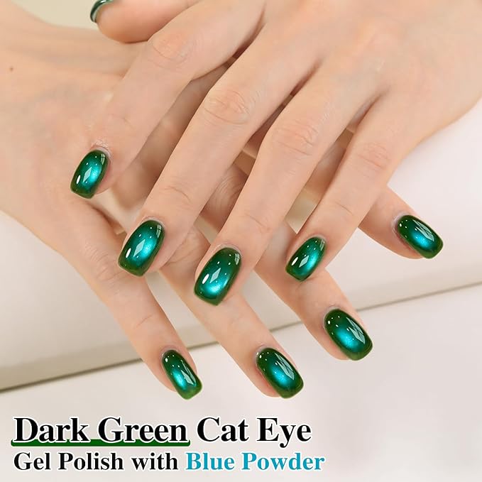 Double Rhythm Jelly Glass Cat Eye Gel Polish with Magnet 15ML Holographic Glitter Shimmer Translucent Sheer Color Magnetic Nail Polish Salon DIY at Home (Dark Green-MC1263)