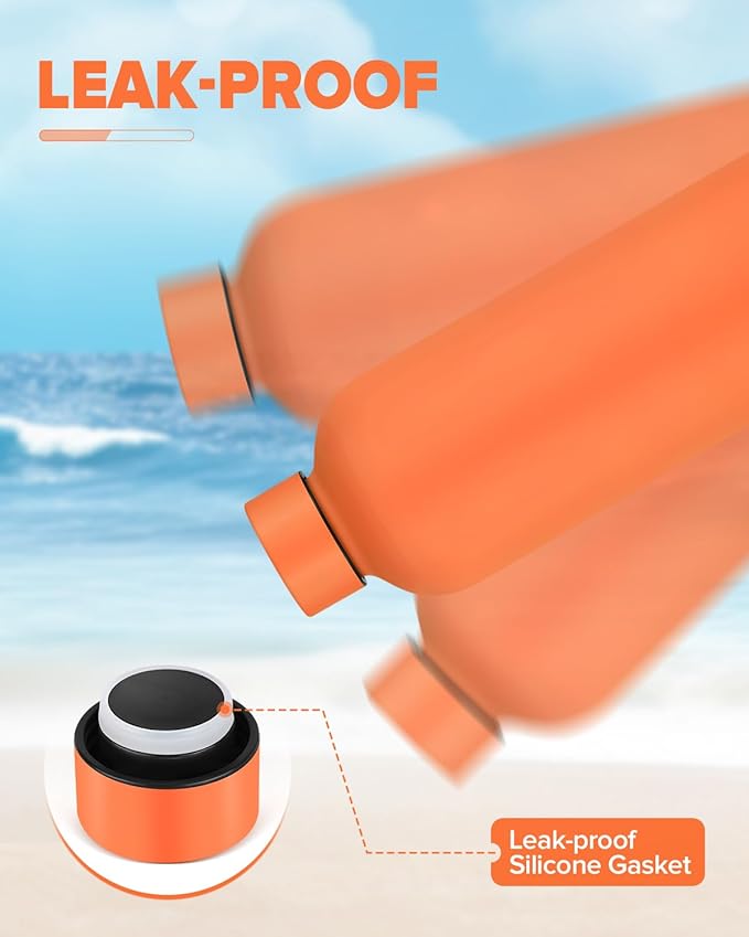 Insulated Water Bottle with Lid, 17 oz Reusable Leak-Proof Metal Stainless Steel Water Bottles for Travel, Sports, Gym, Outdoor (Orange)