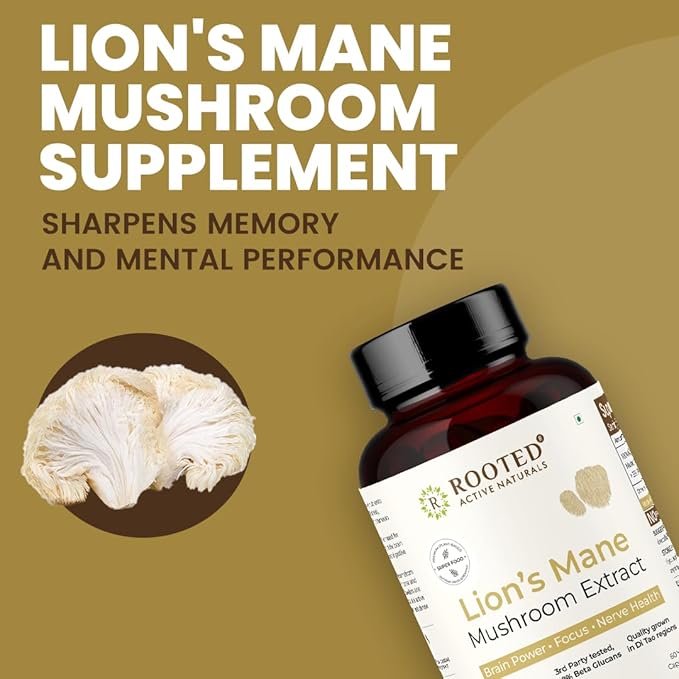 ROOTED Lions Mane Mushroom Extract Capsules (60 Veg Caps, 500 mg) | Memory, Focus, Brain Powder & Nerve Health. USDA Organic, 38% Beta Glucans, Certified Organic