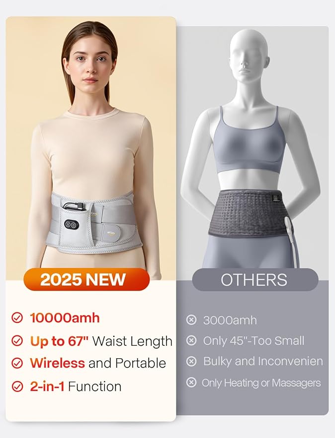 ALLJOY 67" Cordless Heating Pad for Back Pain Relief FSA Eligible HSA, 10000mAh Lower Back Massager with 3 Heat 3 Vibration, Portable Heating Pad for Cramps, Birthday Gifts for Women Men Mom Dad